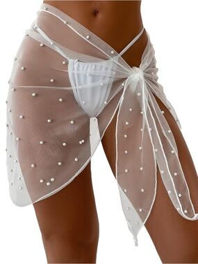 Sheer Pearl-Embellished White Sarong Wrap